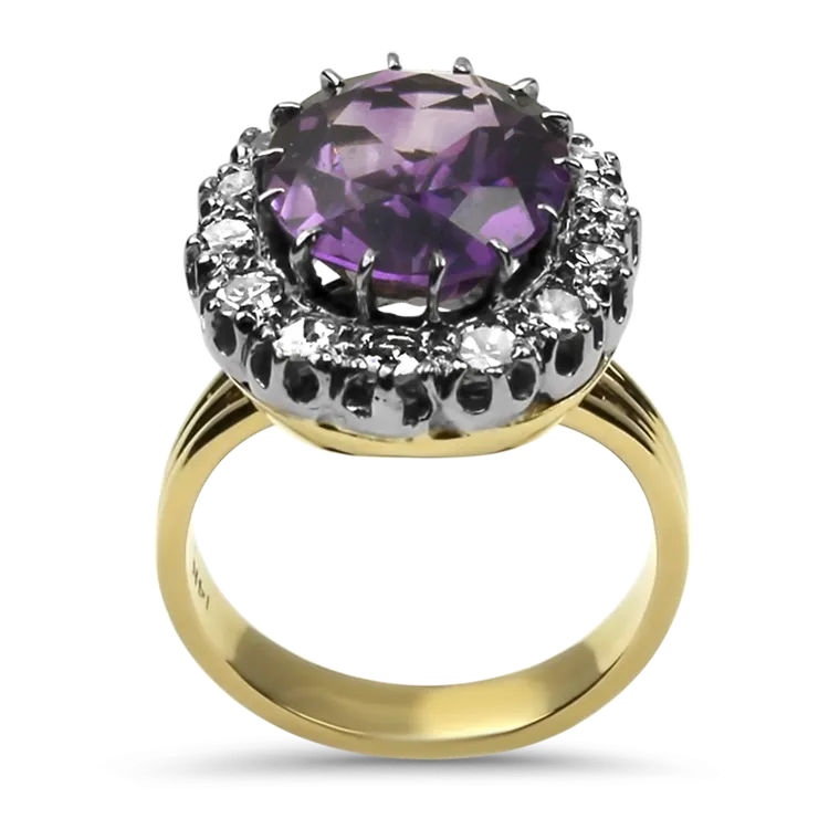 Estate 14K Yellow & White Gold Amethyst & Diamond Ring