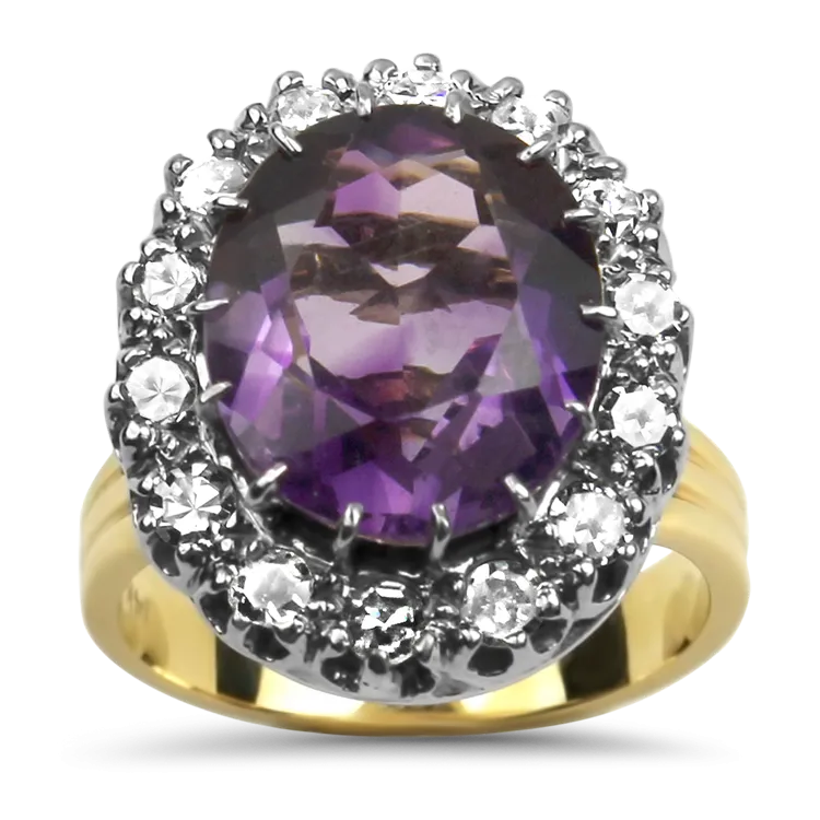 Estate 14K Yellow & White Gold Amethyst & Diamond Ring