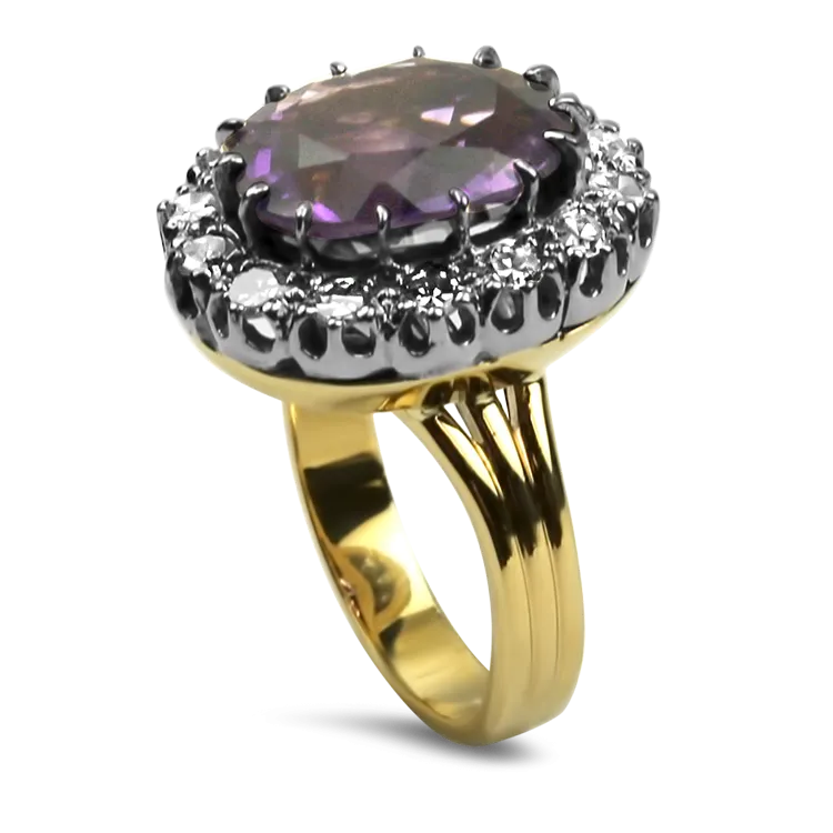 Estate 14K Yellow & White Gold Amethyst & Diamond Ring