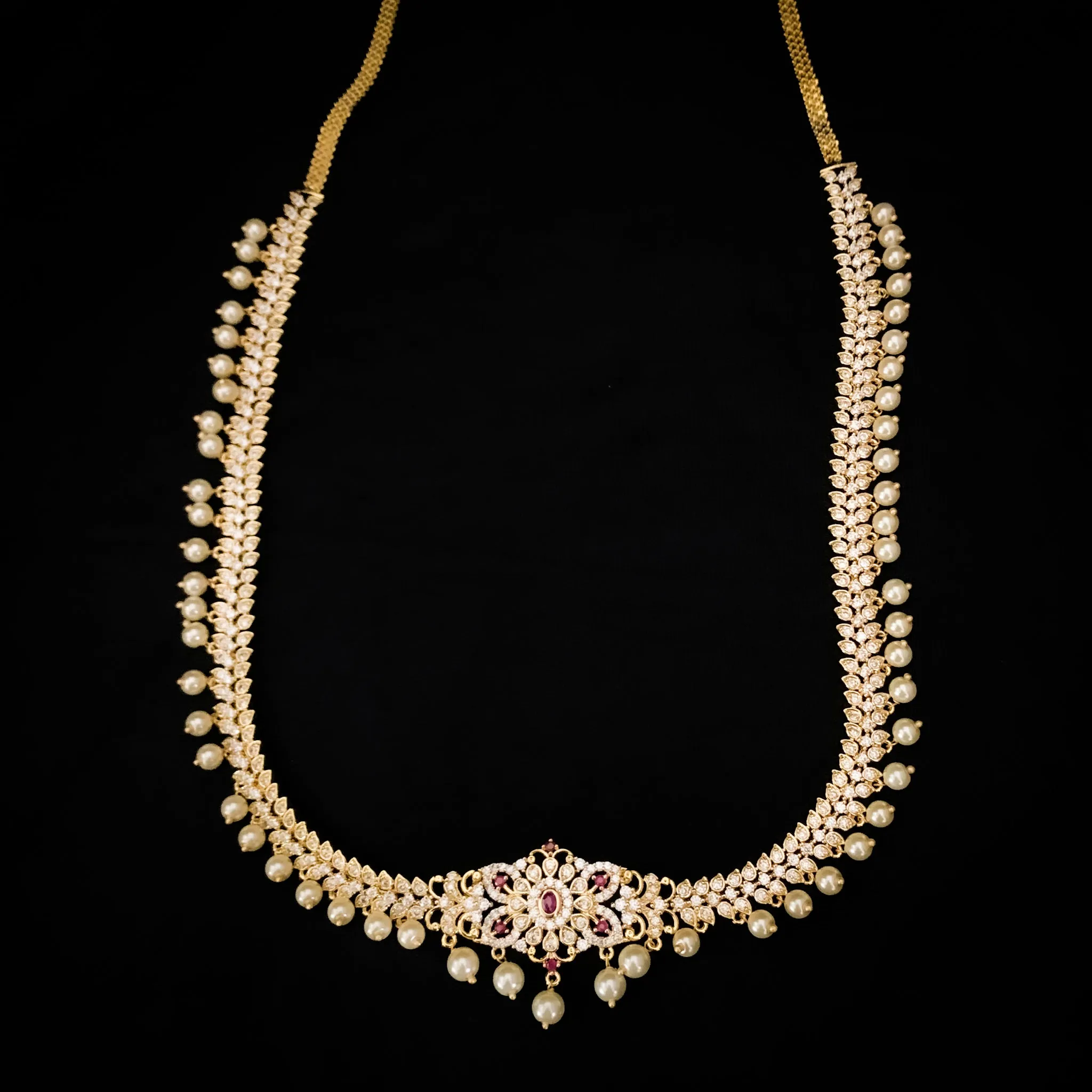 Exceptional Two-in-One White Zircon (CZ) Stne Waist Belt cum Long necklace with pearl danglers