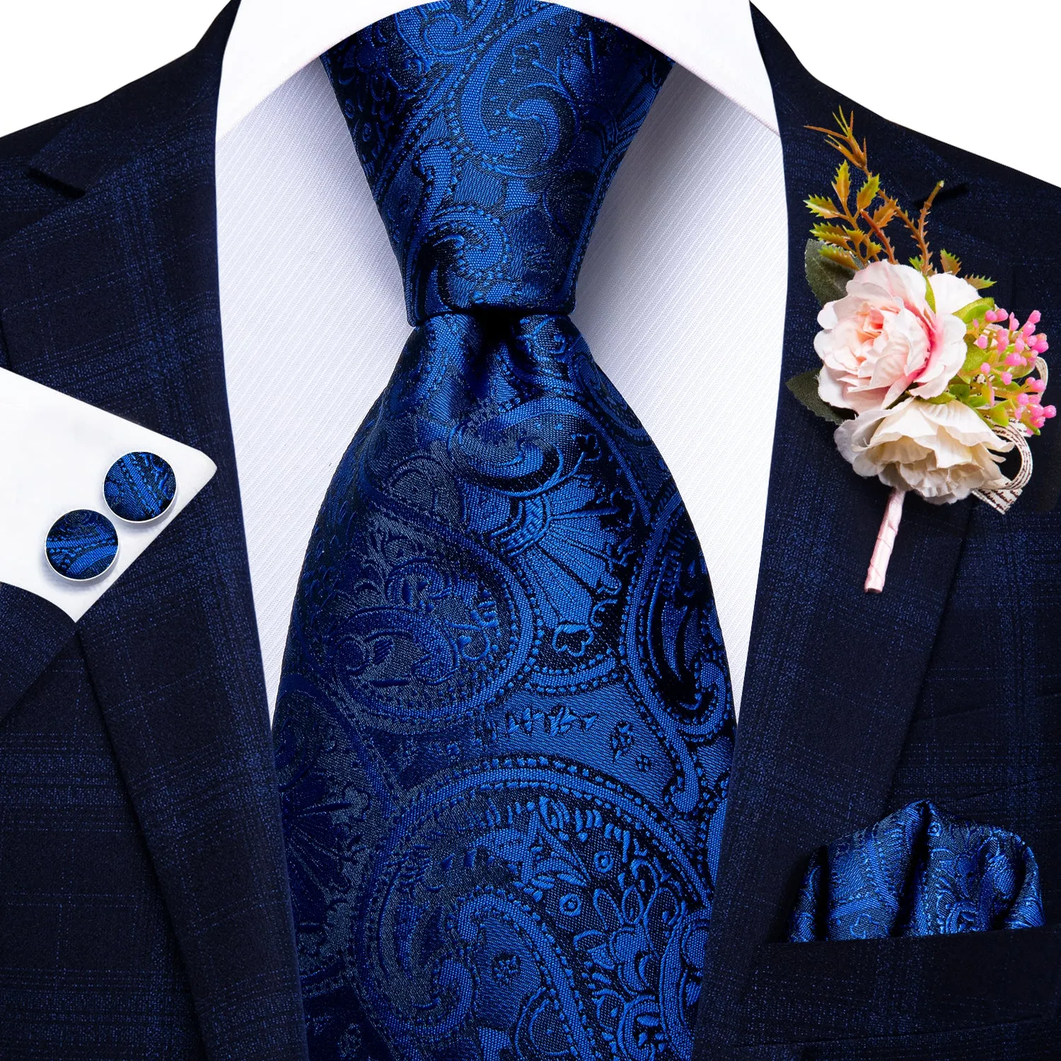 Fanstastic Blue Paisley Tie Handkerchief Cufflinks Set with Wedding Brooch