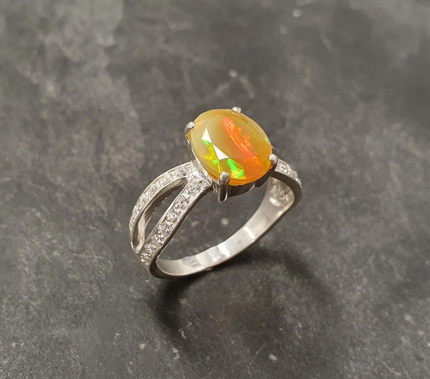 Fire Opal Ring - Opal Engagement Ring - Split Shank Ring