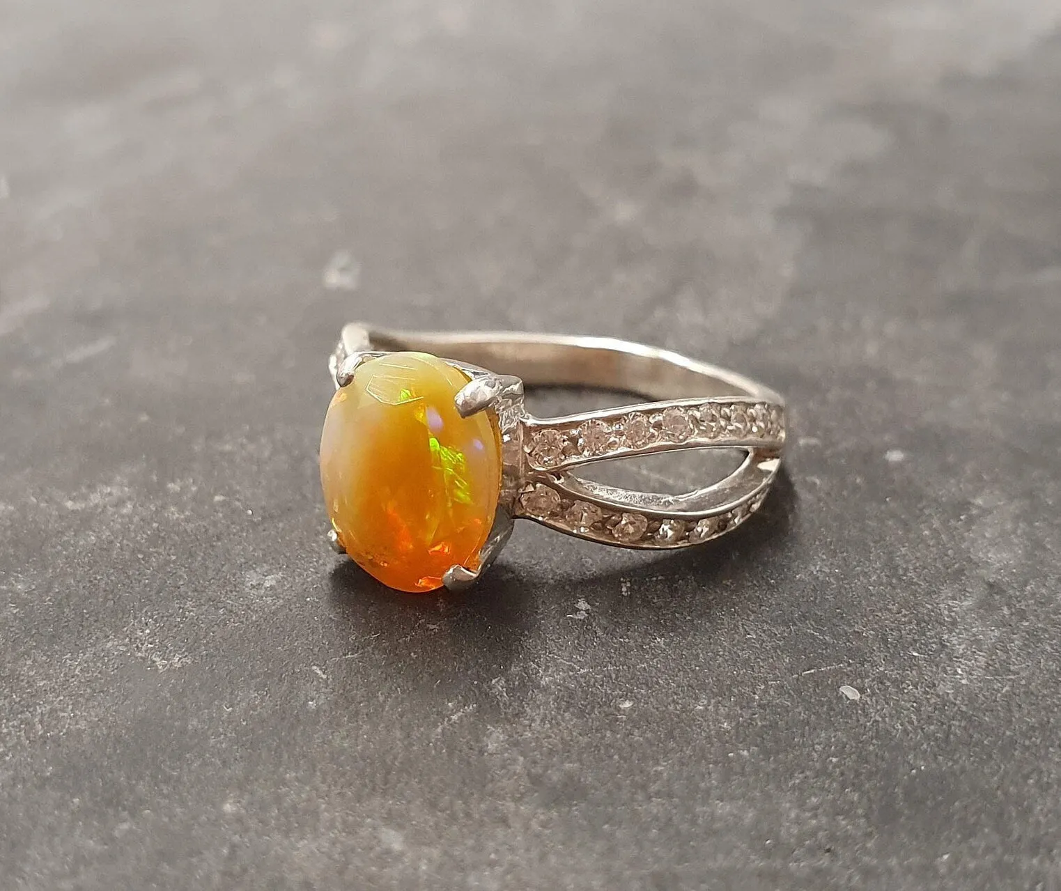 Fire Opal Ring - Opal Engagement Ring - Split Shank Ring