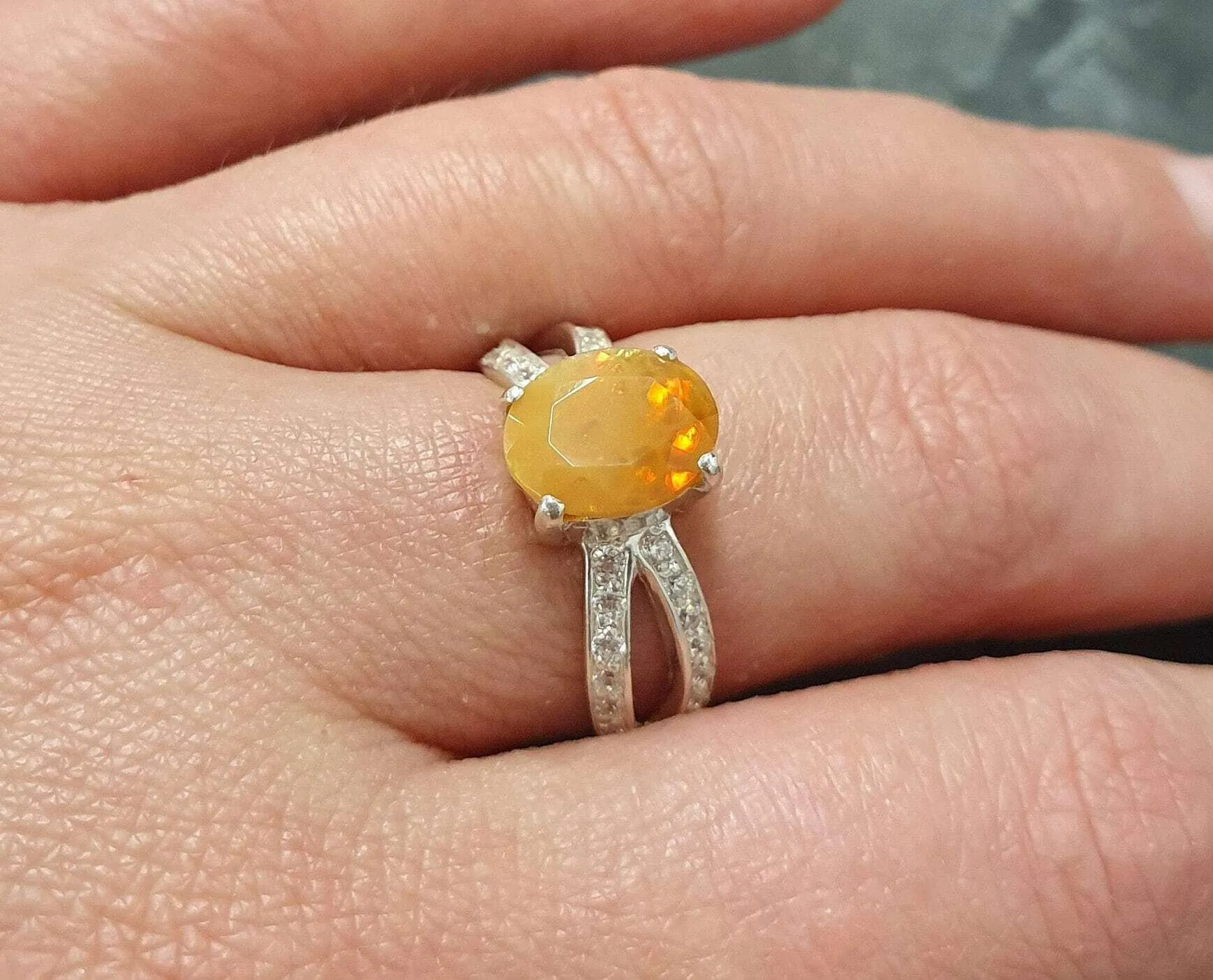 Fire Opal Ring - Opal Engagement Ring - Split Shank Ring