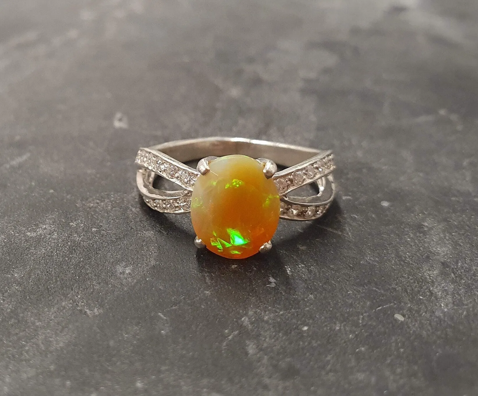 Fire Opal Ring - Opal Engagement Ring - Split Shank Ring