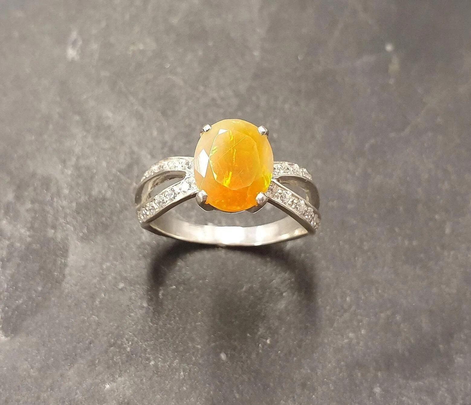 Fire Opal Ring - Opal Engagement Ring - Split Shank Ring