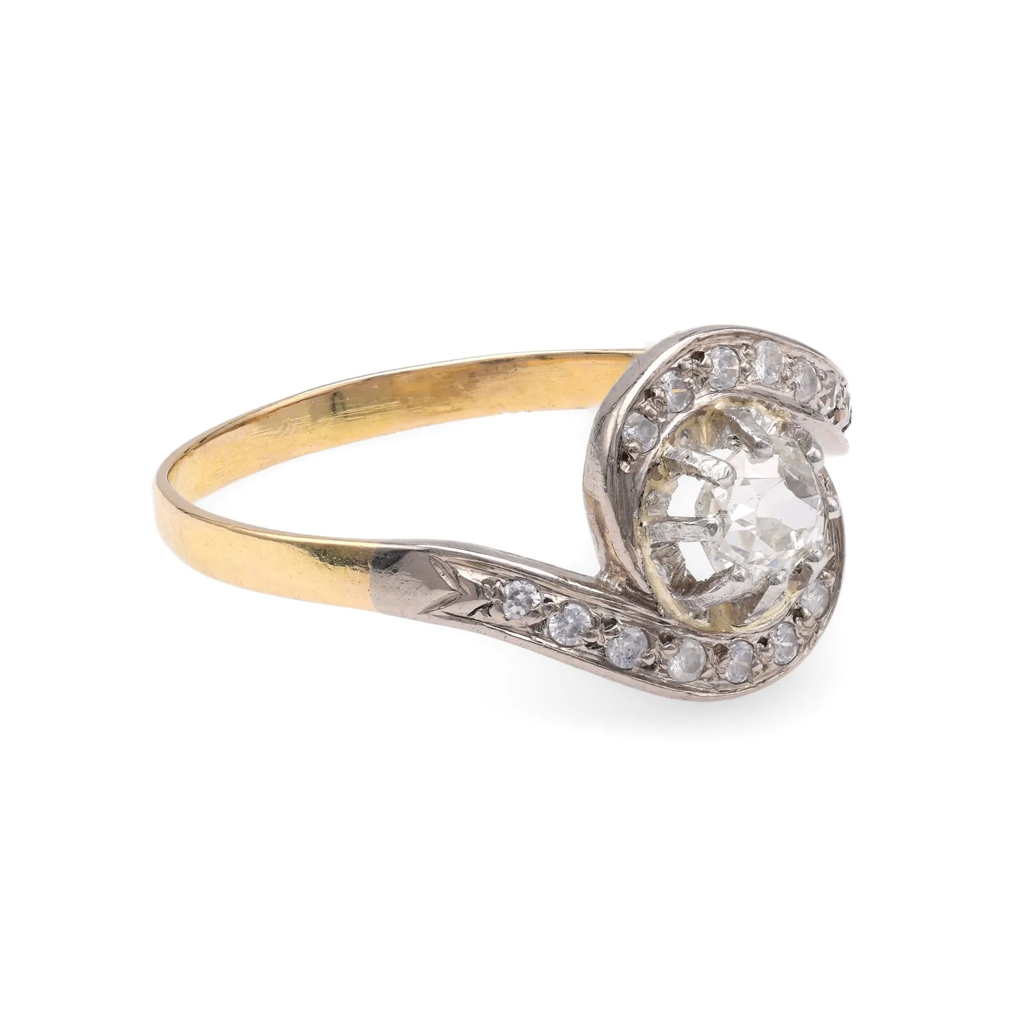 French Belle Epoque Diamond Yellow Gold Swirl Ring