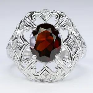 GARNET STERLING SILVER RING VINTAGE STYLE OVAL SHAPE GEMSTONE FILIGREE COCKTAIL