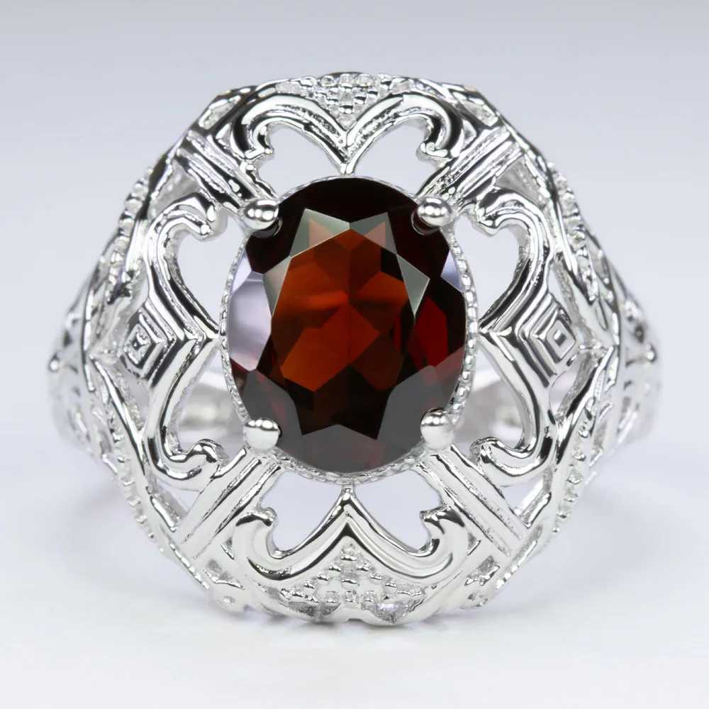 GARNET STERLING SILVER RING VINTAGE STYLE OVAL SHAPE GEMSTONE FILIGREE COCKTAIL