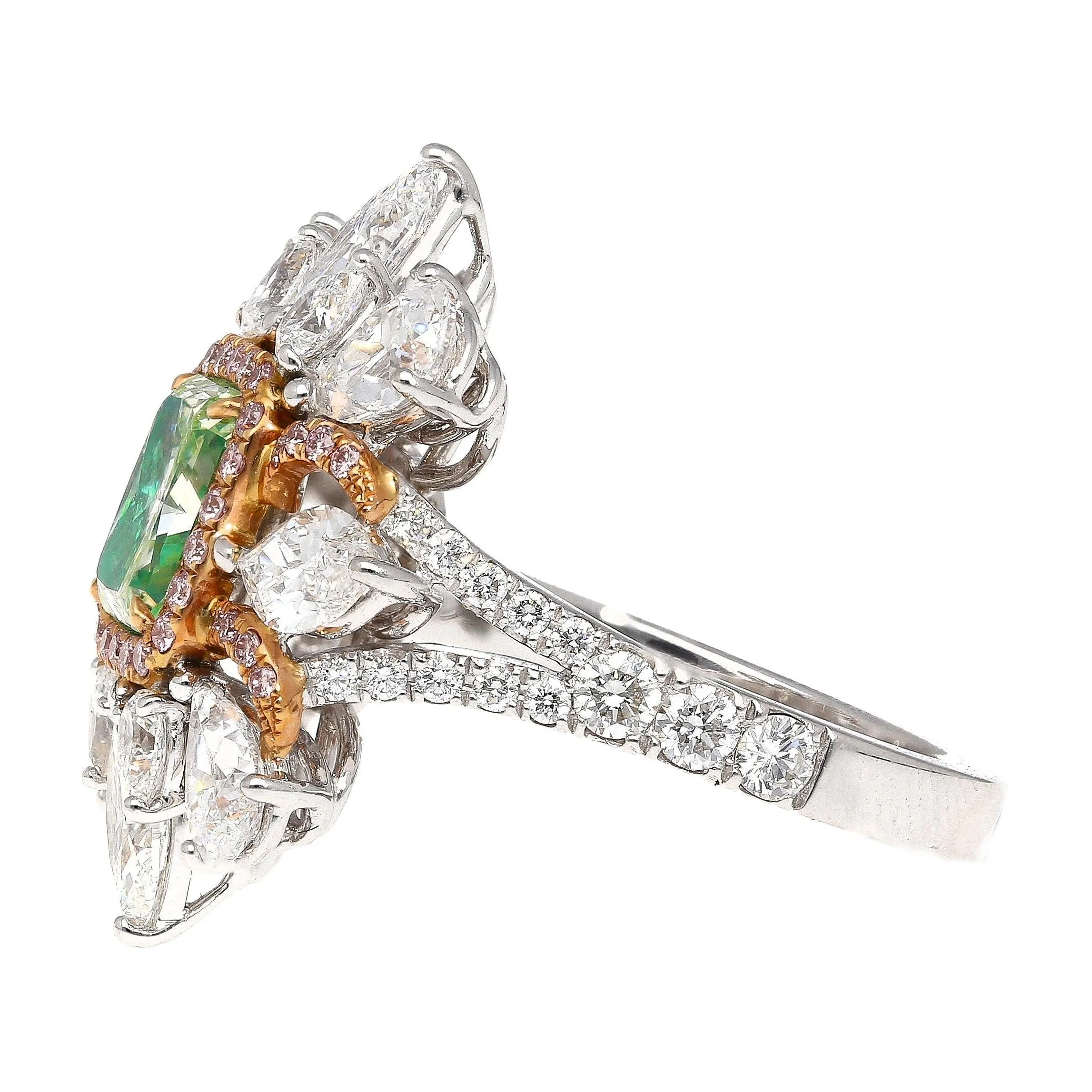 GIA Certified 1.39 Carat Radiant Cut Fancy Intense Yellowish Green Diamond Ring