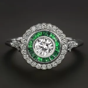 GIA CERTIFIED DIAMOND EMERALD COCKTAIL RING VINTAGE STYLE HALO 14k WHITE GOLD