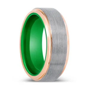 GIBBS | Green Ring, Silver Tungsten Ring, Brushed, Rose Gold Stepped Edge