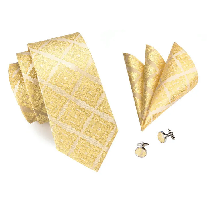 Golden Floral Tie Handkerchief Cufflinks Set with Wedding Brooch