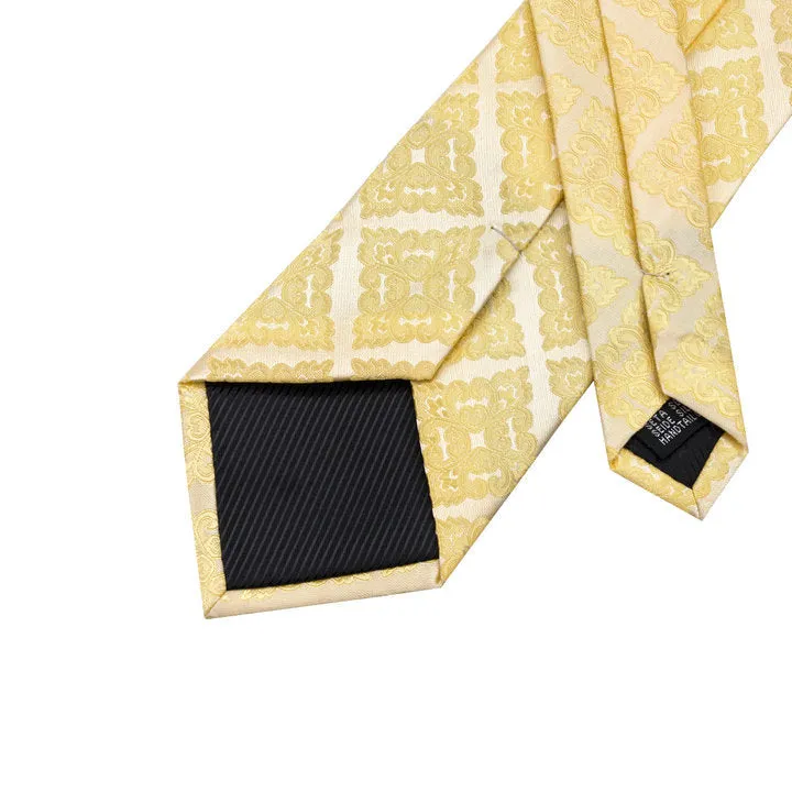 Golden Floral Tie Handkerchief Cufflinks Set with Wedding Brooch