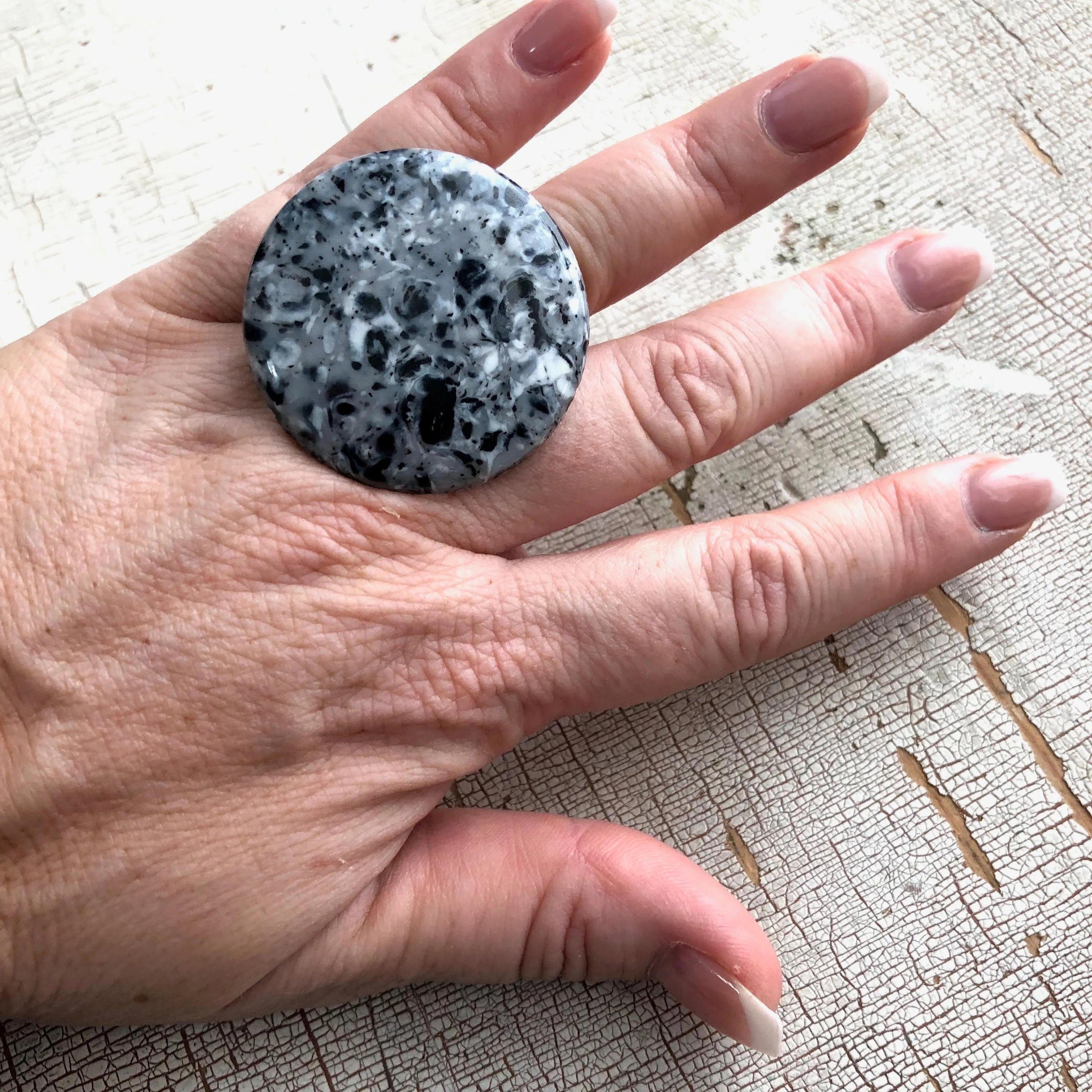 Granite Grey Speckled Lucite Silver Cocktail Ring