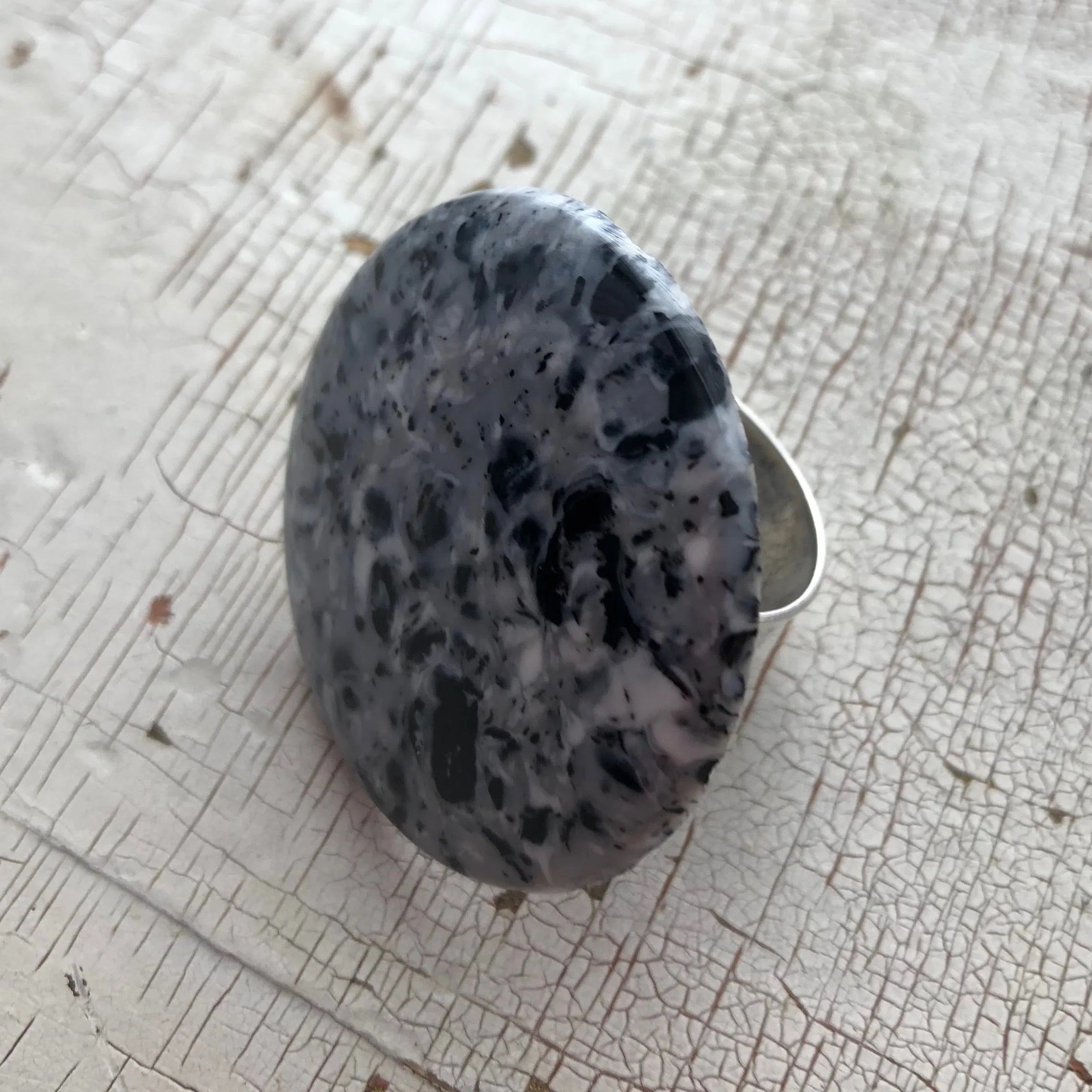 Granite Grey Speckled Lucite Silver Cocktail Ring