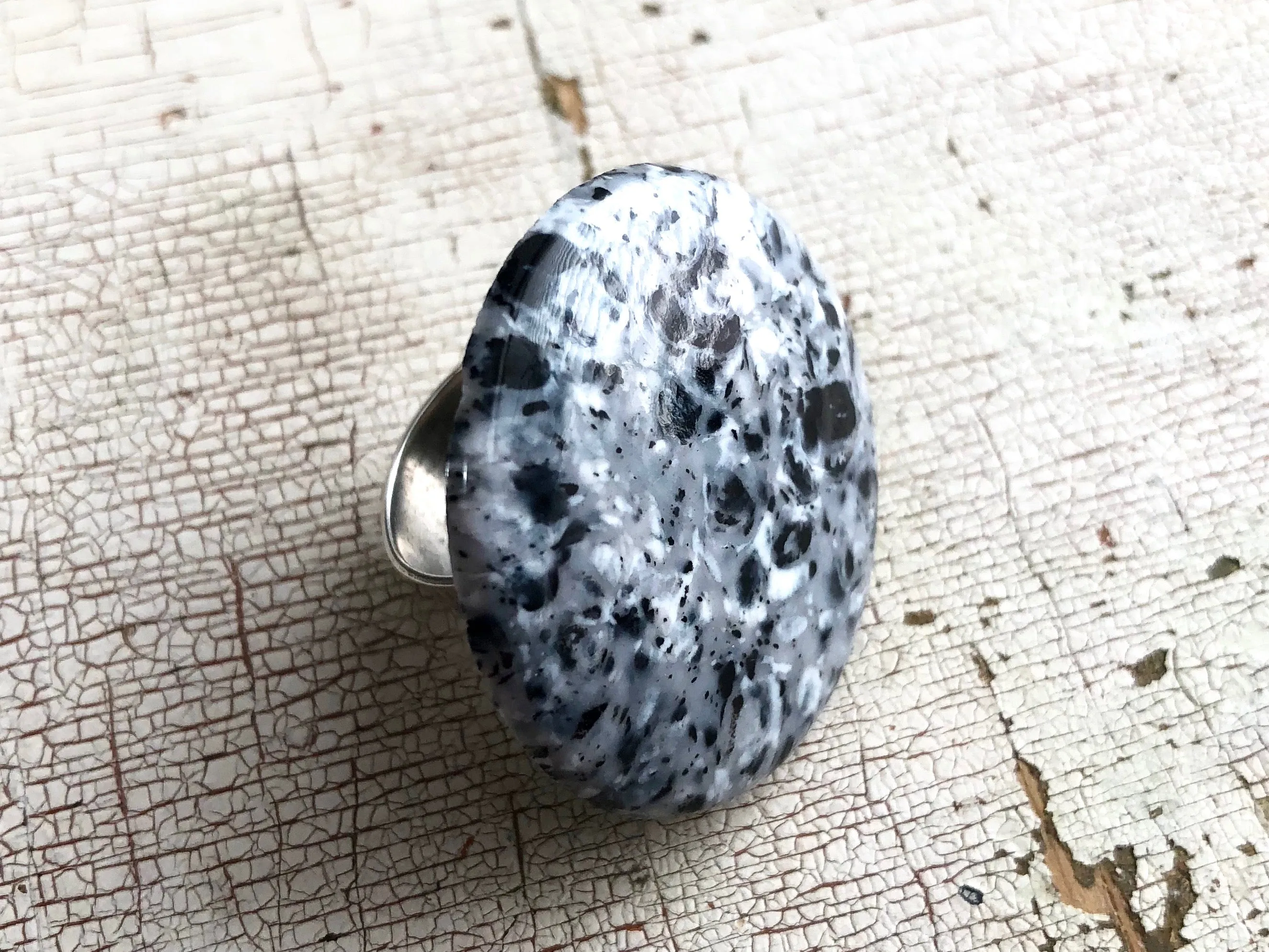 Granite Grey Speckled Lucite Silver Cocktail Ring