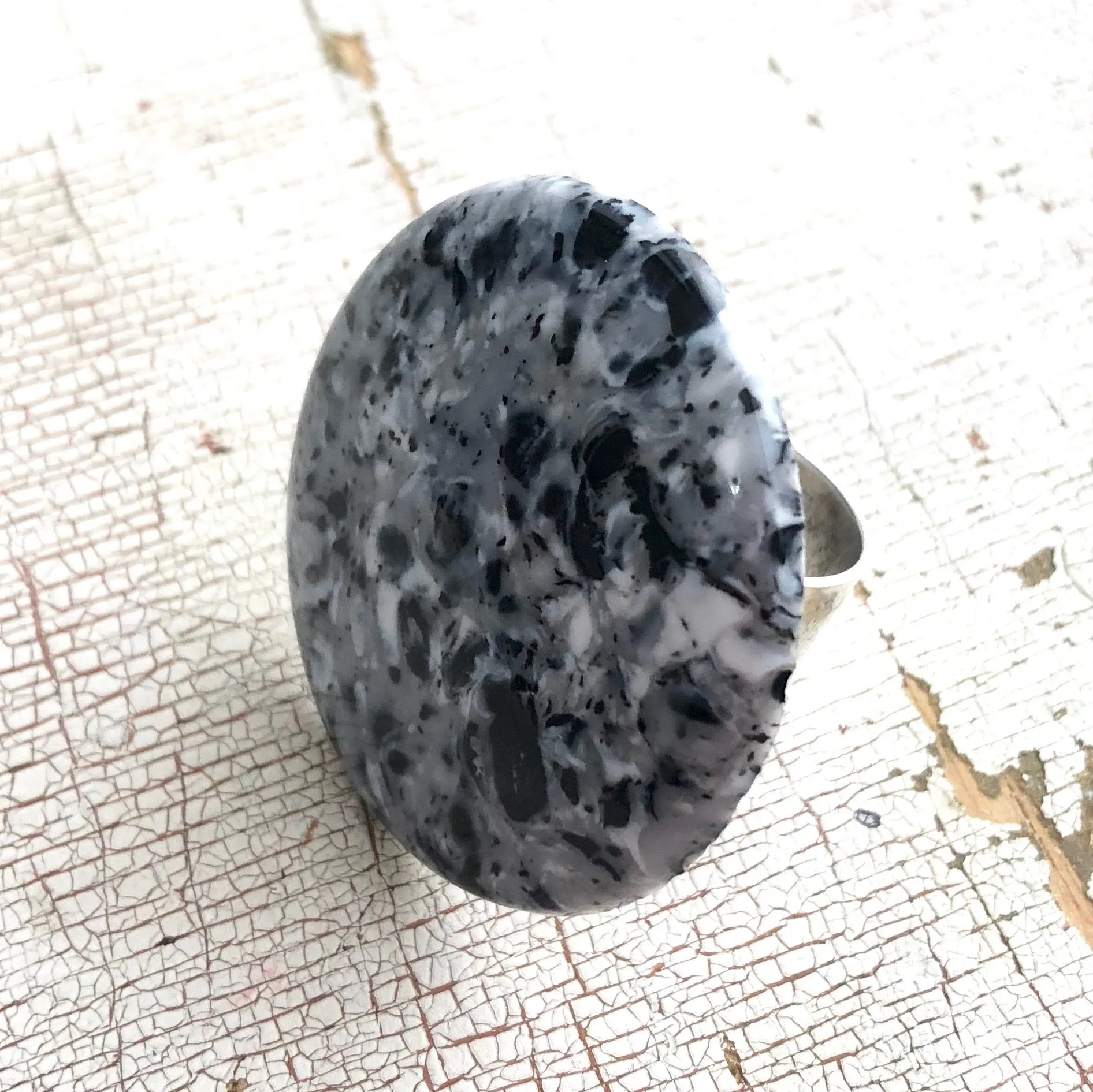 Granite Grey Speckled Lucite Silver Cocktail Ring