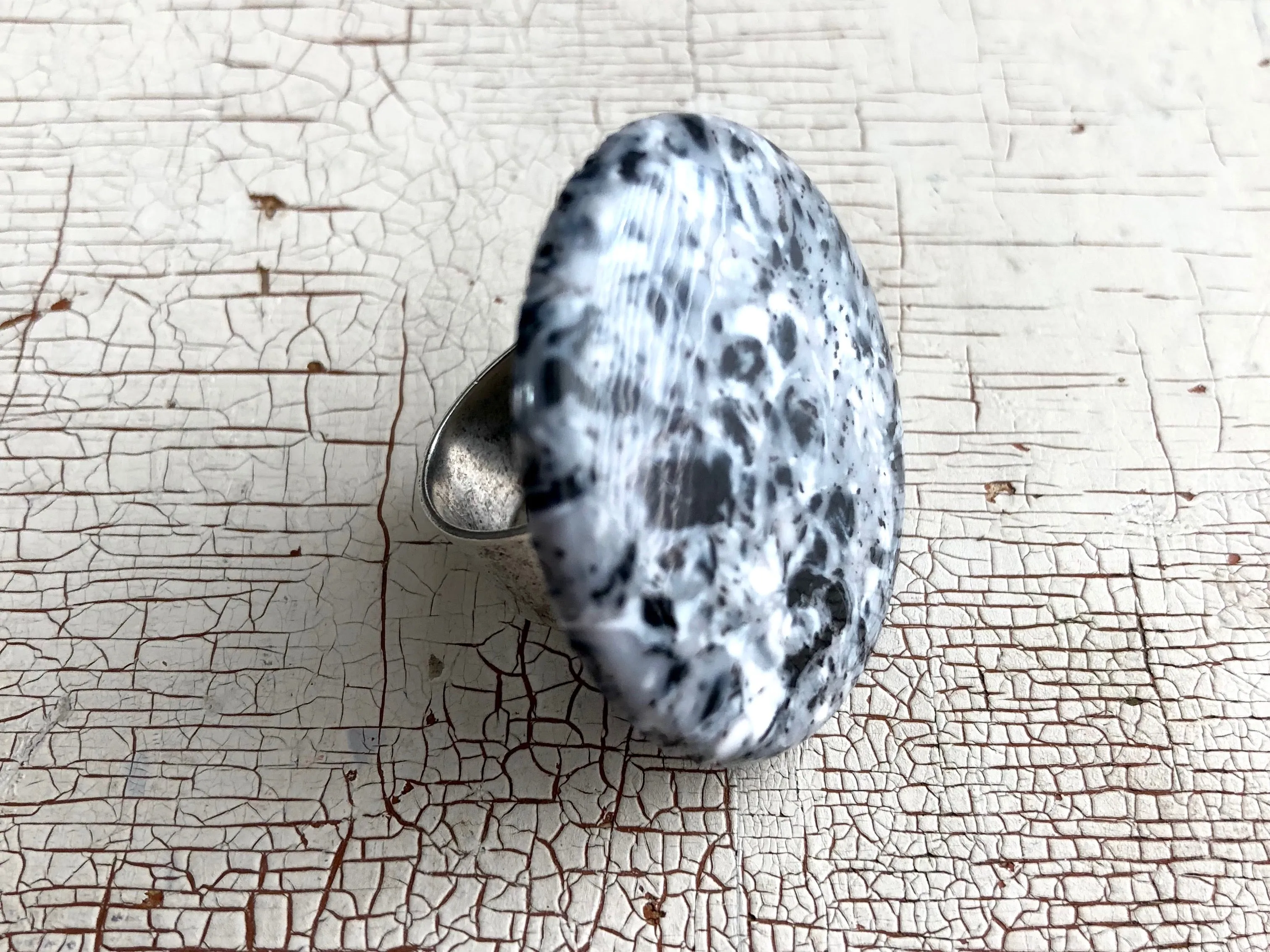 Granite Grey Speckled Lucite Silver Cocktail Ring