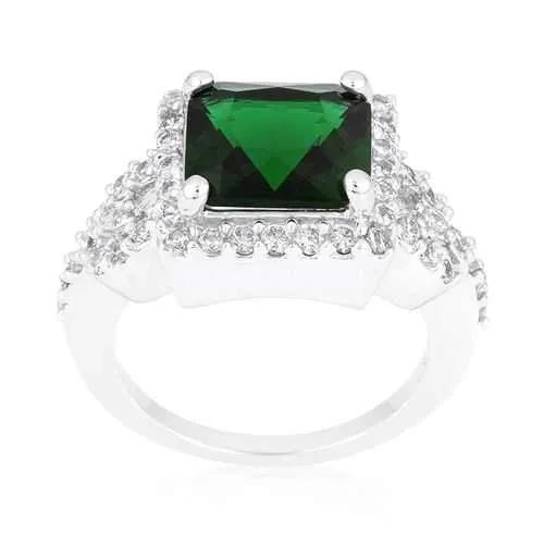 Halo Style Princess Cut Emerald Green Cocktail Ring