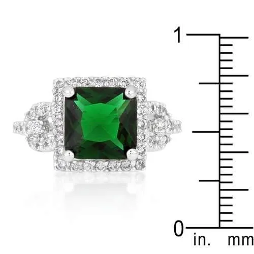 Halo Style Princess Cut Emerald Green Cocktail Ring