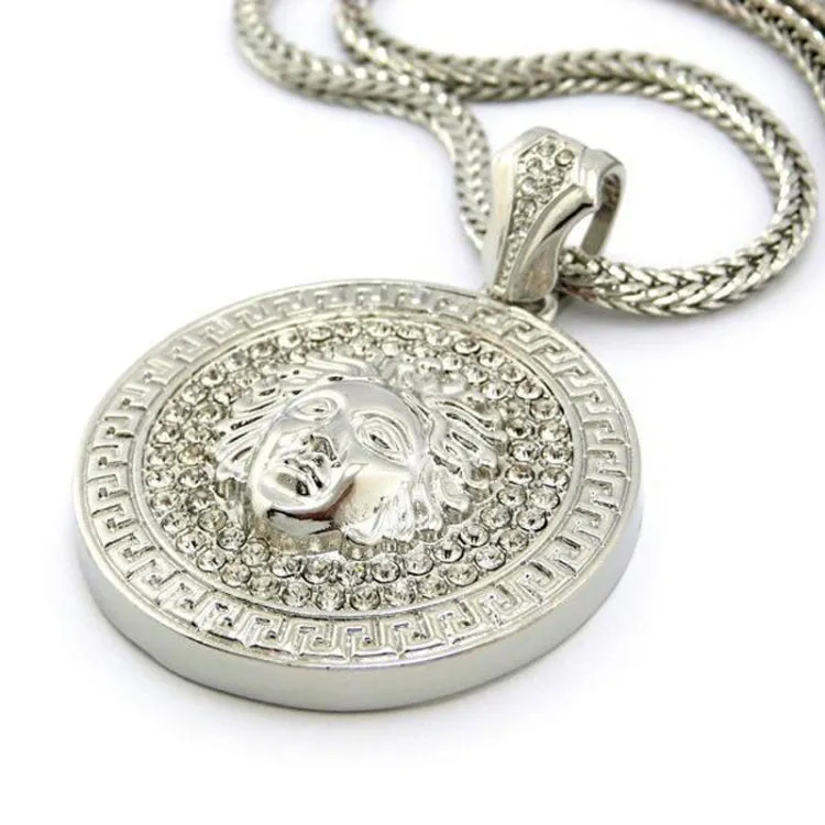 Hip Hop Round Medusa Head Zircon Rhinestone Pendant Clavicle Chain Necklace for Men, Chain Length: 90cm(Silver)