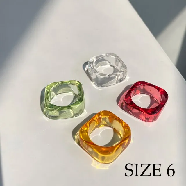 HUANZHI 2021 New Transparent Resin Acrylic Rhinestone Colourful Geometric Square Round Rings Set for Women Jewelry Party Gifts