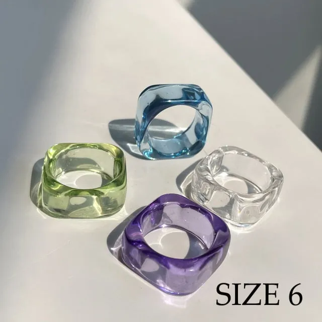 HUANZHI 2021 New Transparent Resin Acrylic Rhinestone Colourful Geometric Square Round Rings Set for Women Jewelry Party Gifts