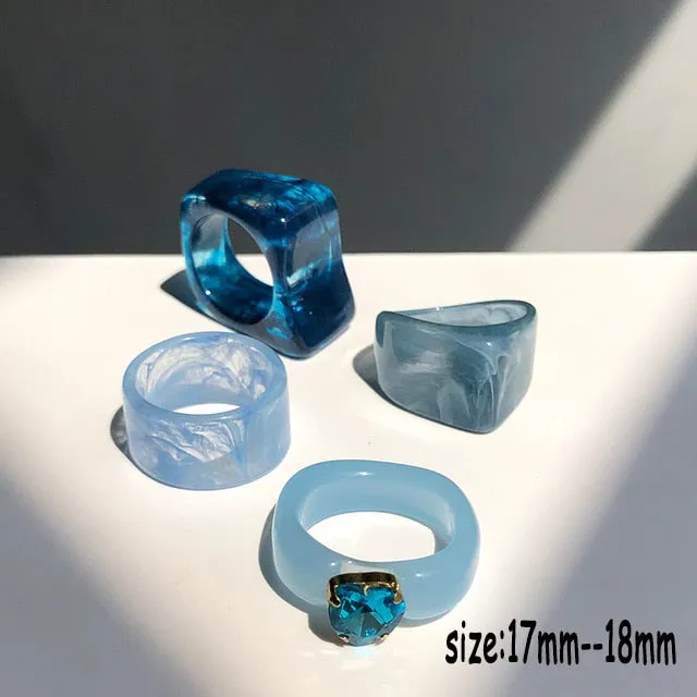 HUANZHI 2021 New Transparent Resin Acrylic Rhinestone Colourful Geometric Square Round Rings Set for Women Jewelry Party Gifts