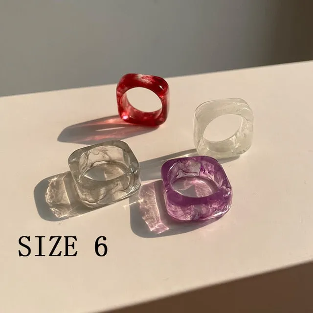 HUANZHI 2021 New Transparent Resin Acrylic Rhinestone Colourful Geometric Square Round Rings Set for Women Jewelry Party Gifts