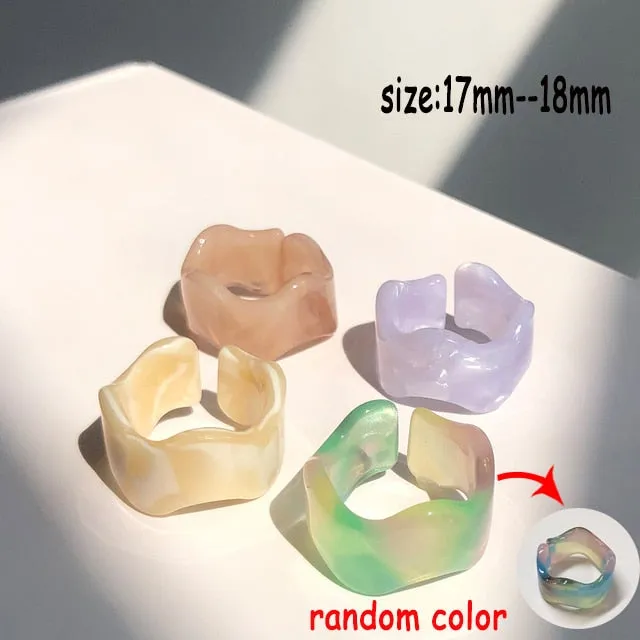 HUANZHI 2021 New Transparent Resin Acrylic Rhinestone Colourful Geometric Square Round Rings Set for Women Jewelry Party Gifts