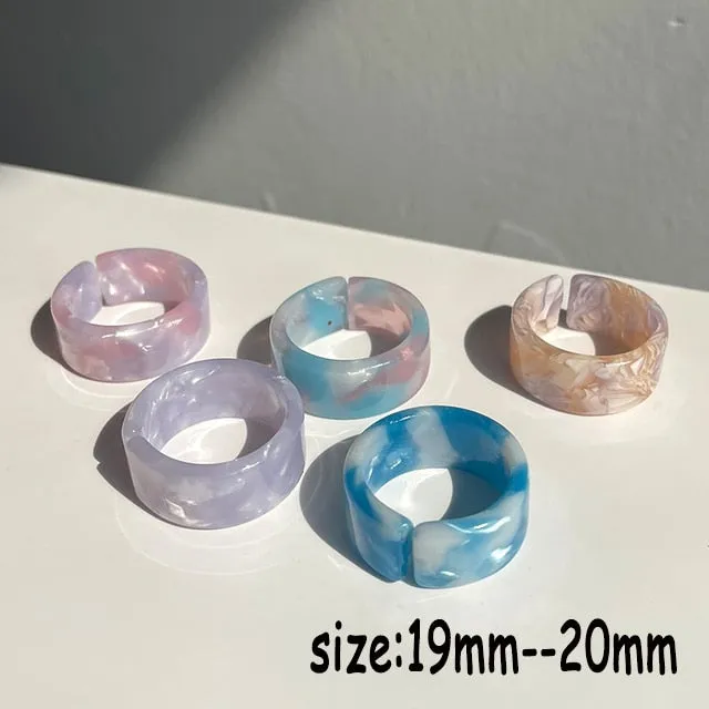 HUANZHI 2021 New Transparent Resin Acrylic Rhinestone Colourful Geometric Square Round Rings Set for Women Jewelry Party Gifts