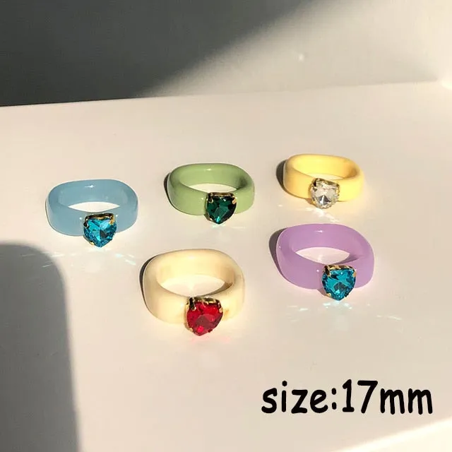 HUANZHI 2021 New Transparent Resin Acrylic Rhinestone Colourful Geometric Square Round Rings Set for Women Jewelry Party Gifts