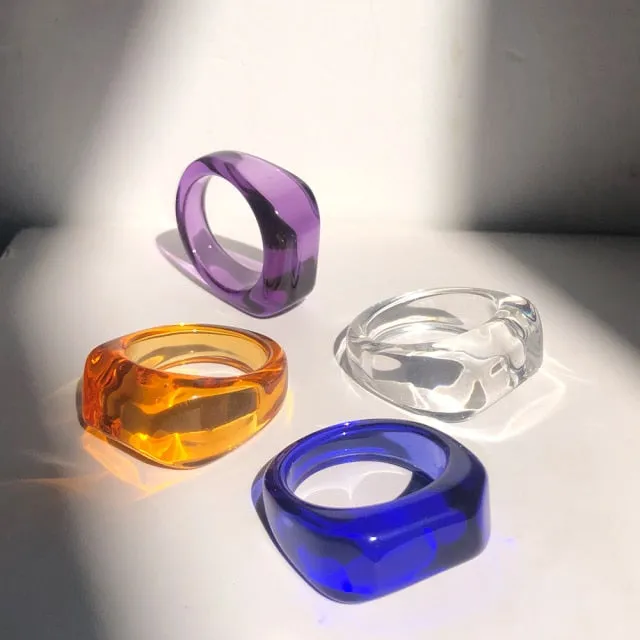 HUANZHI 2021 New Transparent Resin Acrylic Rhinestone Colourful Geometric Square Round Rings Set for Women Jewelry Party Gifts