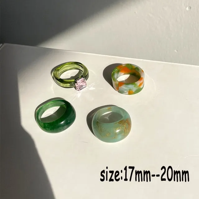 HUANZHI 2021 New Transparent Resin Acrylic Rhinestone Colourful Geometric Square Round Rings Set for Women Jewelry Party Gifts