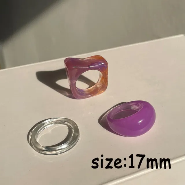 HUANZHI 2021 New Transparent Resin Acrylic Rhinestone Colourful Geometric Square Round Rings Set for Women Jewelry Party Gifts