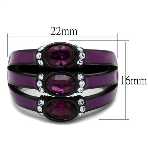 IP Black(Ion Plating) Stainless Steel Ring with Top Grade Crystal in Amethyst for Women Style TK2213