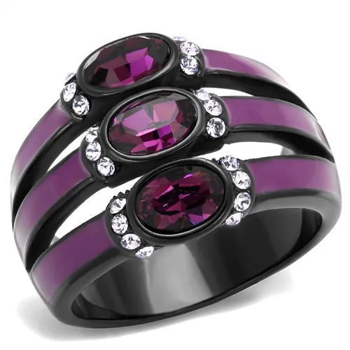 IP Black(Ion Plating) Stainless Steel Ring with Top Grade Crystal in Amethyst for Women Style TK2213