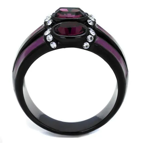 IP Black(Ion Plating) Stainless Steel Ring with Top Grade Crystal in Amethyst for Women Style TK2213