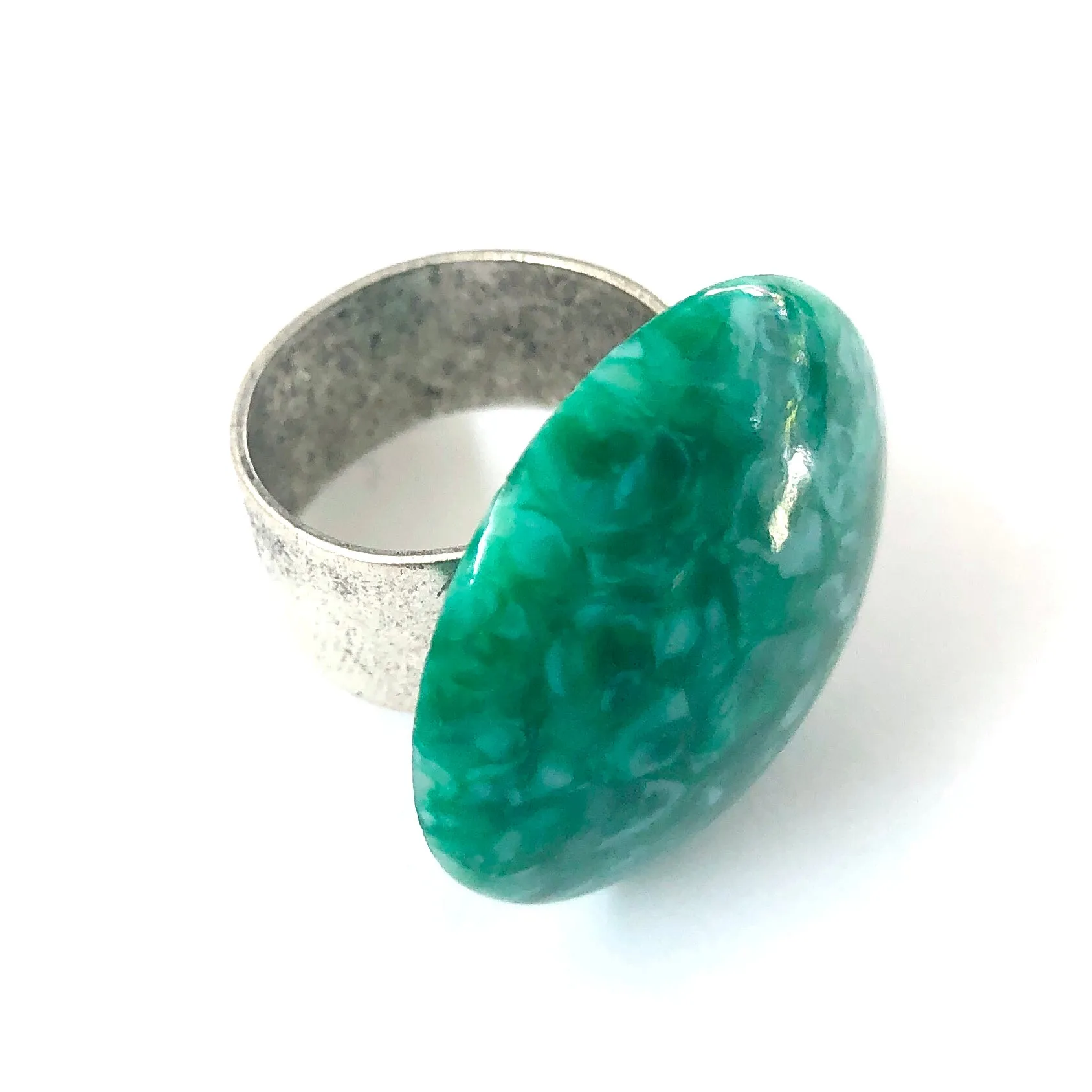 Jade Green Granite Speckled Lucite Silver Cocktail Ring