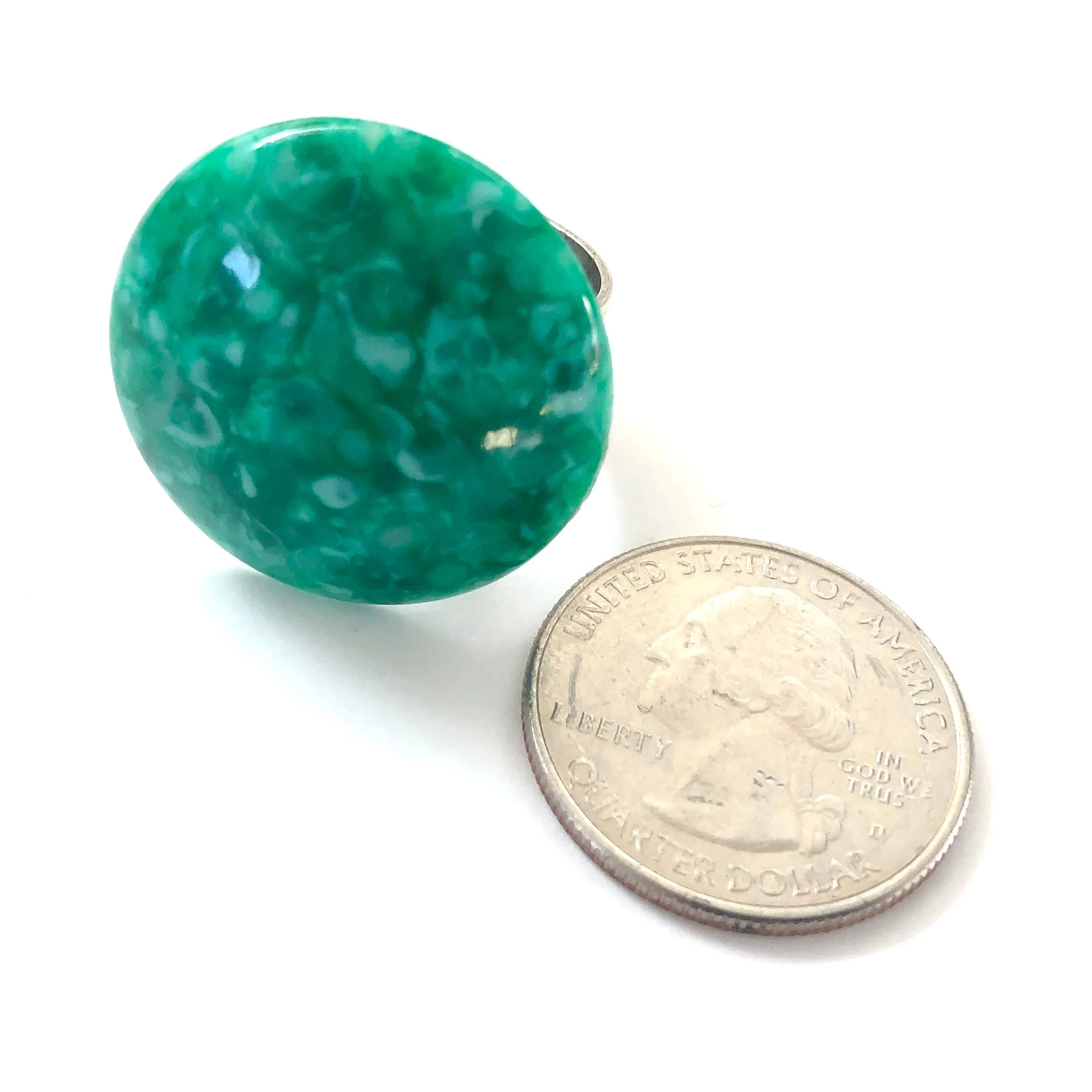 Jade Green Granite Speckled Lucite Silver Cocktail Ring