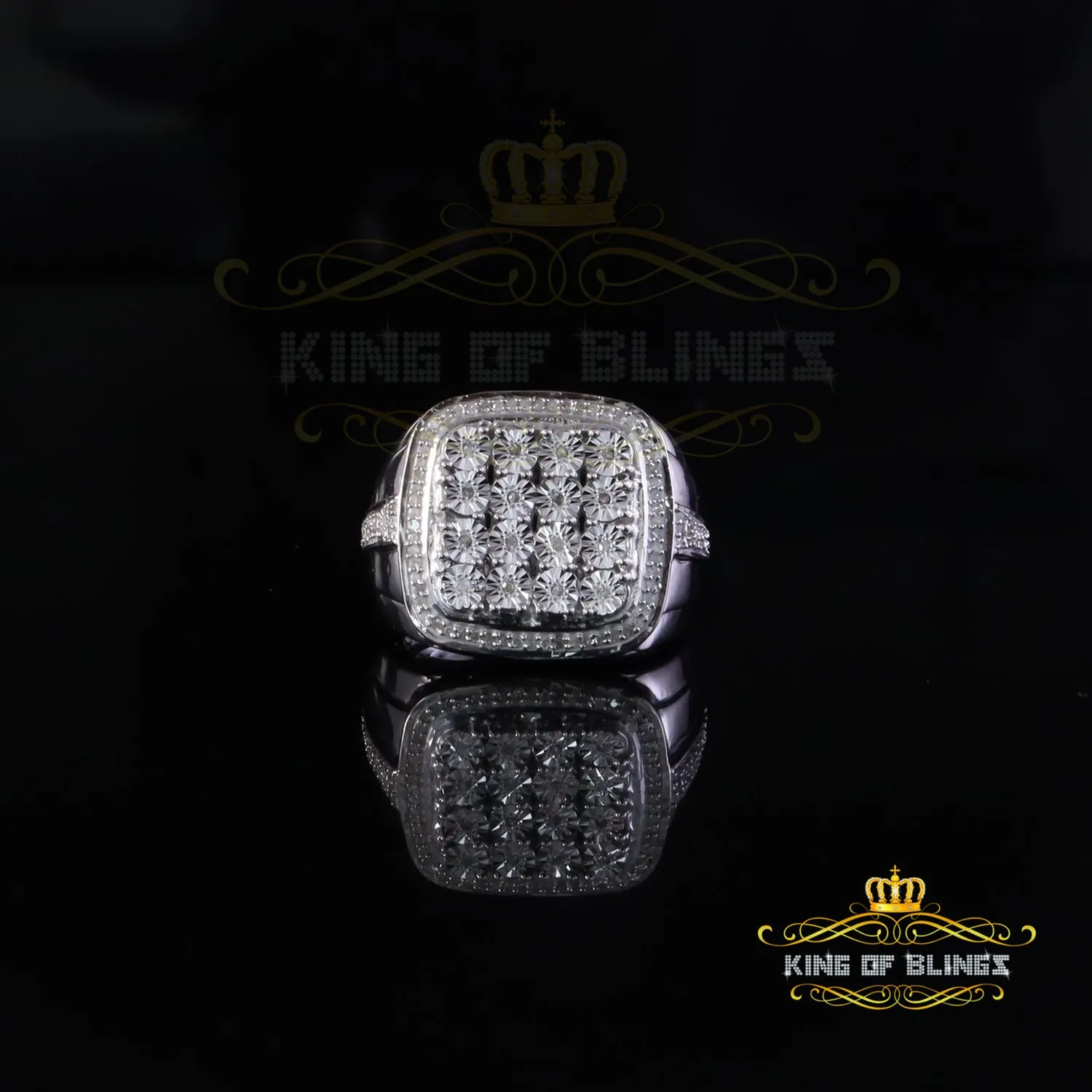 King Of Bling's Big Look Sterling White Silver Real Diamond 0.50ct Square Rings Men Size 10