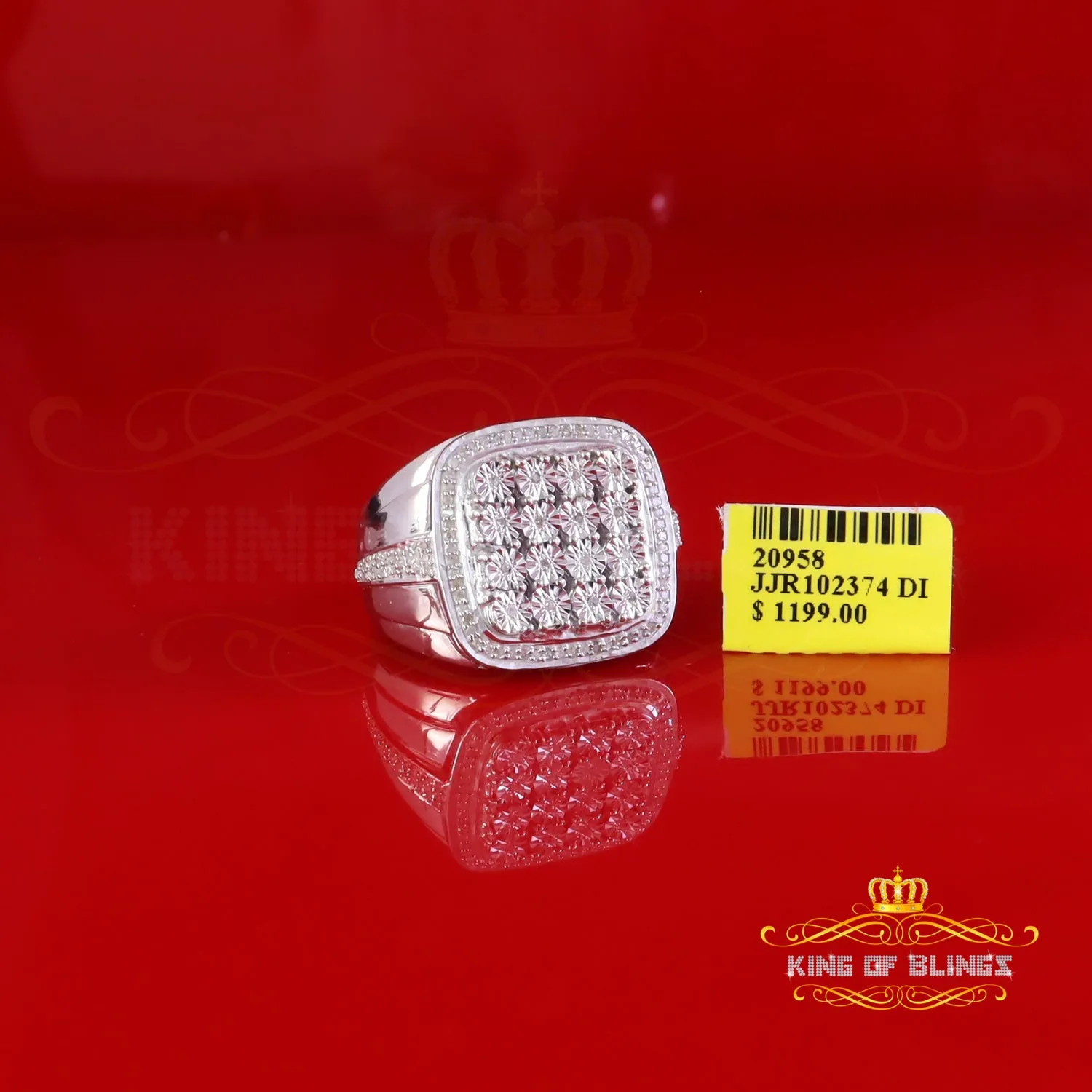 King Of Bling's Big Look Sterling White Silver Real Diamond 0.50ct Square Rings Men Size 10