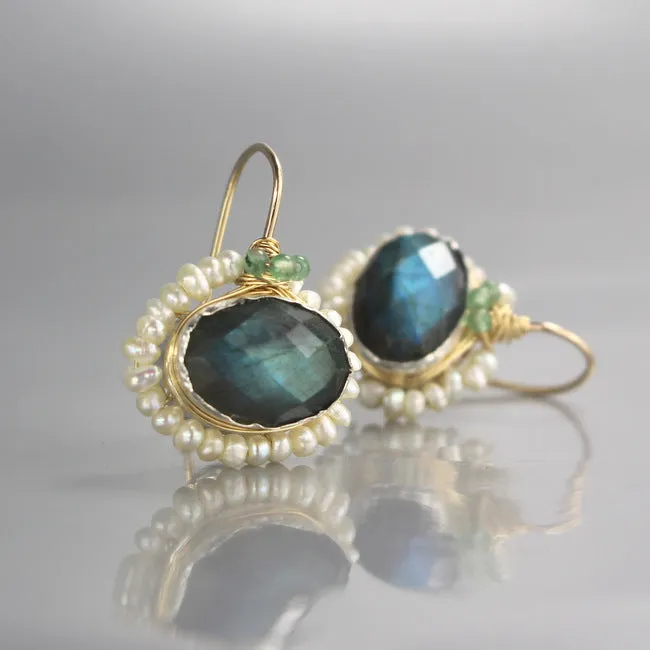 Labradorite Pearl Mandala Earrings