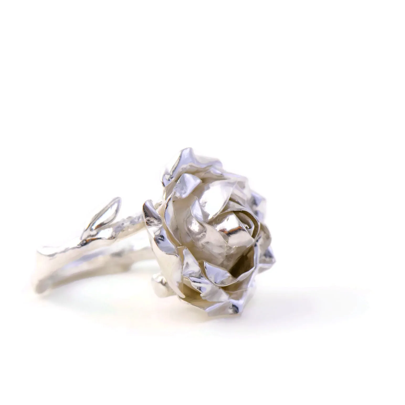 Large cocktail rose ring with a soft rose stem made in sterling silver