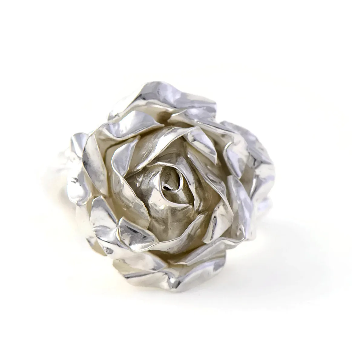 Large cocktail rose ring with a soft rose stem made in sterling silver