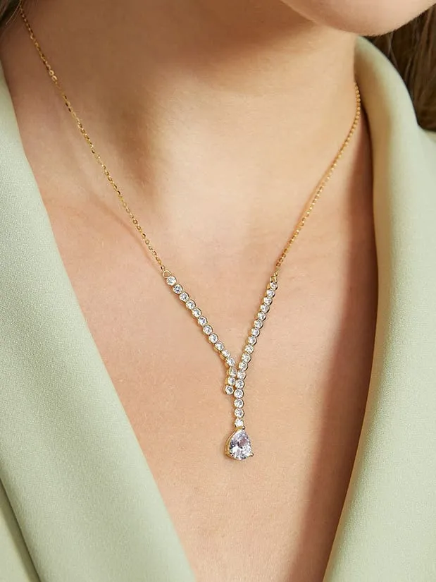 Lariat Necklace 925 Sterling Silver Pear Zircon Drop Luxury Statement Necklace