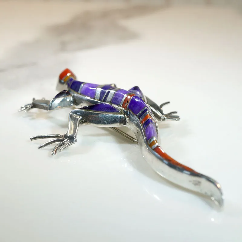 Lively Lizard Silver & Stone Inlay Brooch by D. Romero