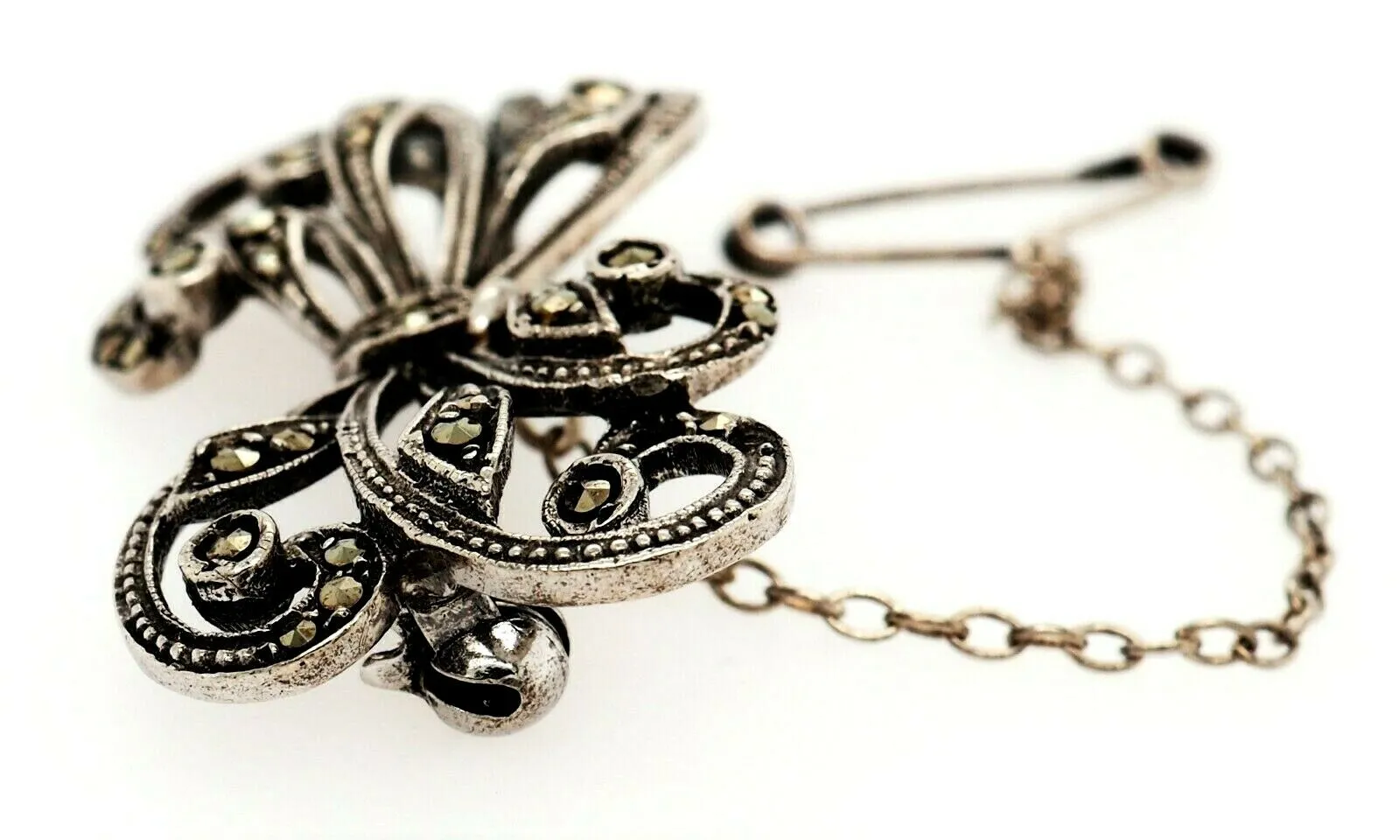 Marcasite Sterling Silver Bow Brooch with Safety Chain