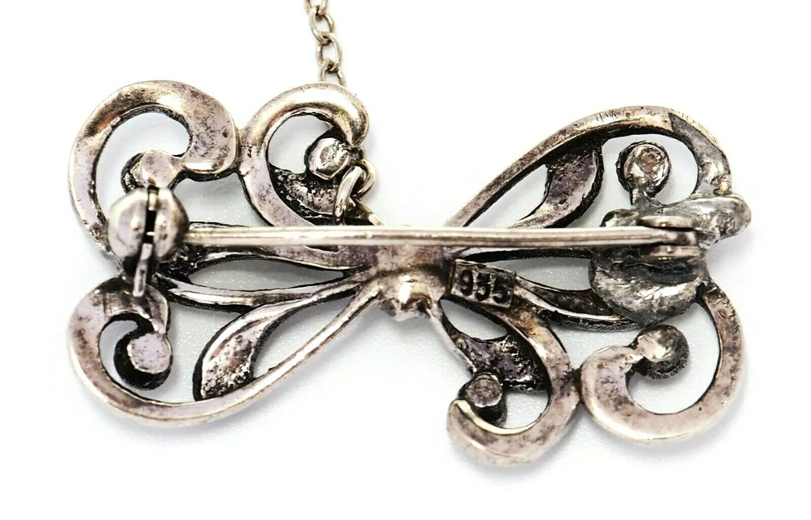 Marcasite Sterling Silver Bow Brooch with Safety Chain